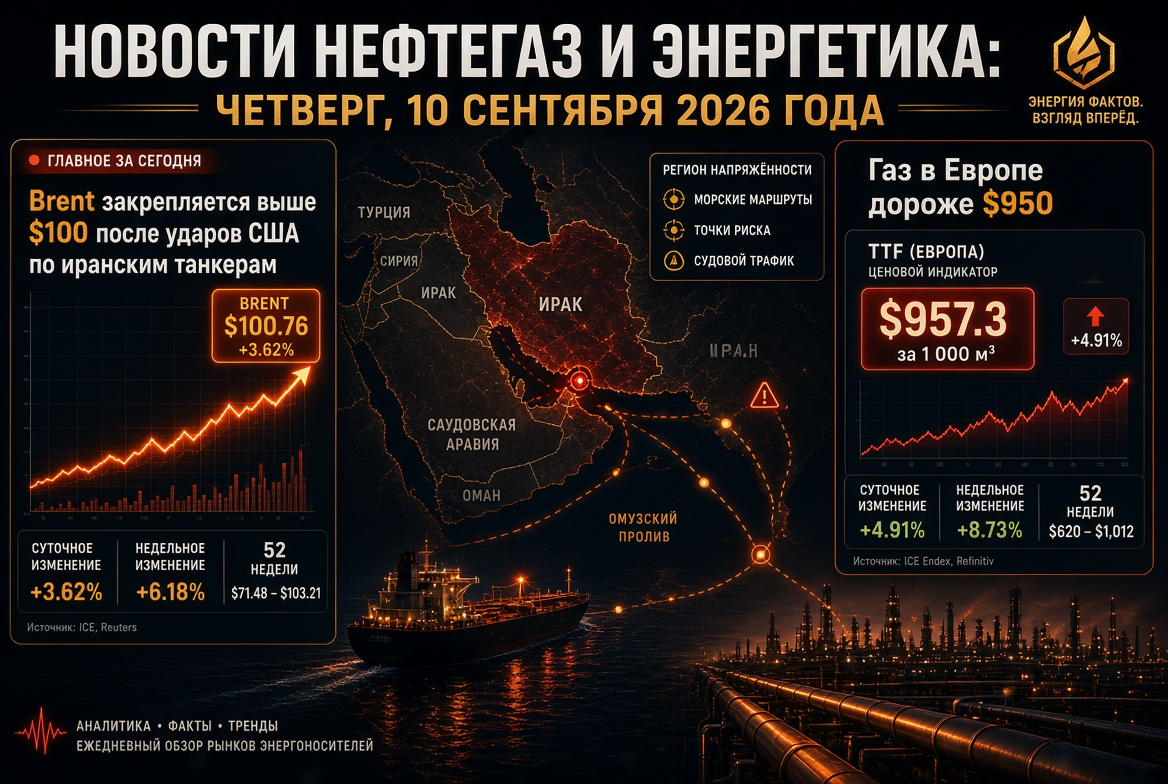 Nachrichten Öl und Energie: Donnerstag, 10. September 2026 – Brent stabil über 100 US-Dollar nach US-Angriffen auf iranische Tanker, Gas in Europa über 950 US-Dollar