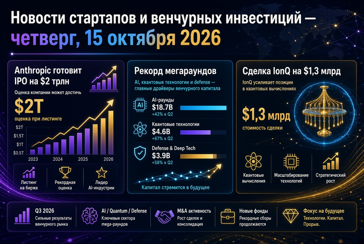 Nachrichten über Startups und Risikokapital — Donnerstag, 15. Oktober 2026: Anthropic bereitet IPO über 2 Billionen USD vor, Rekord für Mega-Runden und Deal von IonQ über 1,3 Milliarden USD.