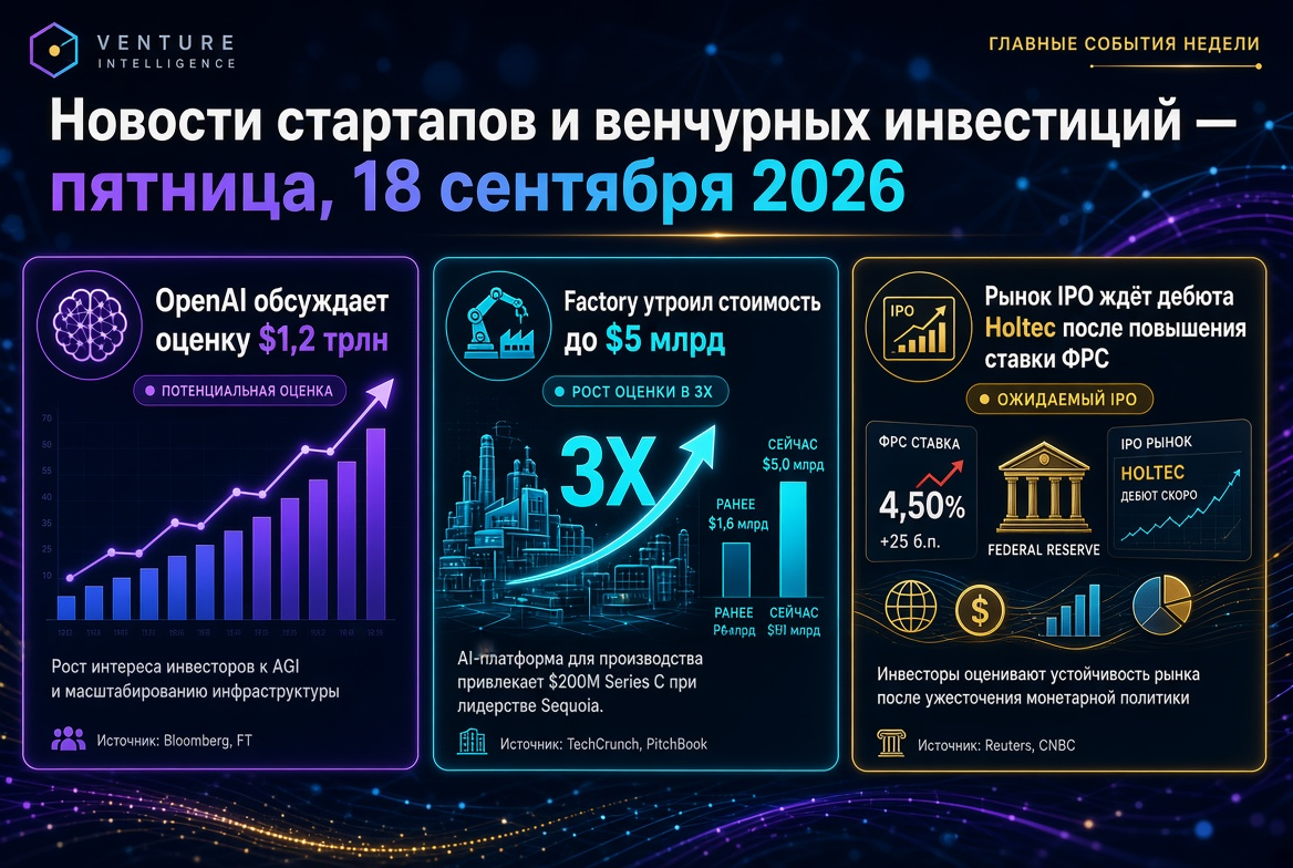 Nachrichten über Startups und Risikokapital — Freitag, 18. September 2026: OpenAI diskutiert Bewertung von 1,2 Billionen Dollar, Factory verdreifacht Wert auf 5 Milliarden Dollar, IPO-Markt erwartet Debüt von Holtec nach Zinserhöhung der Fed.