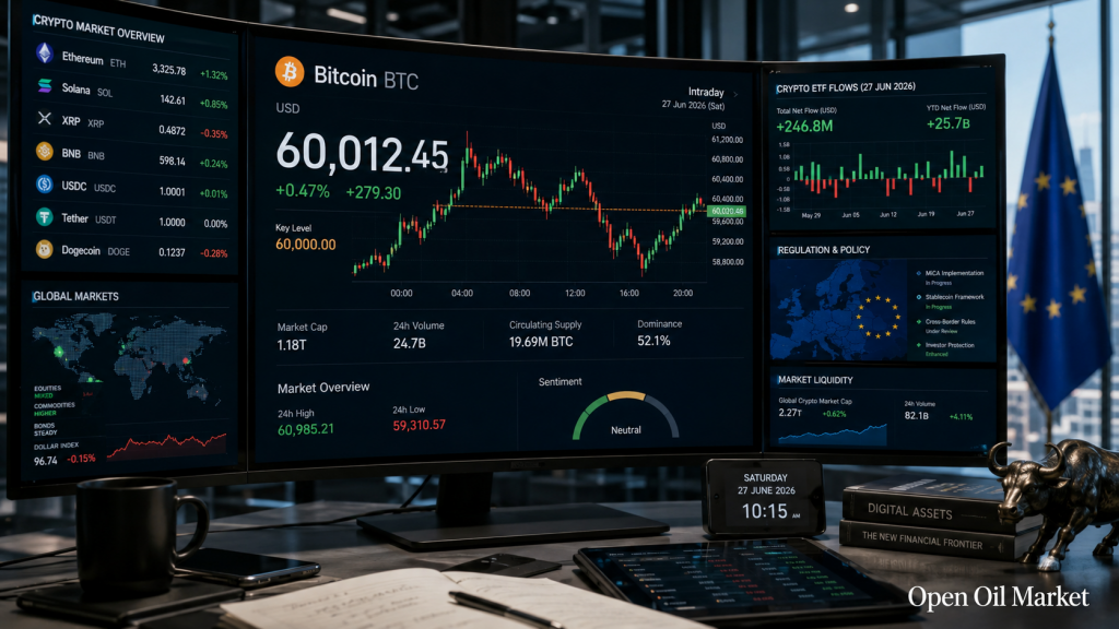 Globaler Kryptowährungsmarkt am 27. Juni 2026: Bitcoin, Ethereum, ETF-Ströme, Stablecoins und MiCA-Regulierung