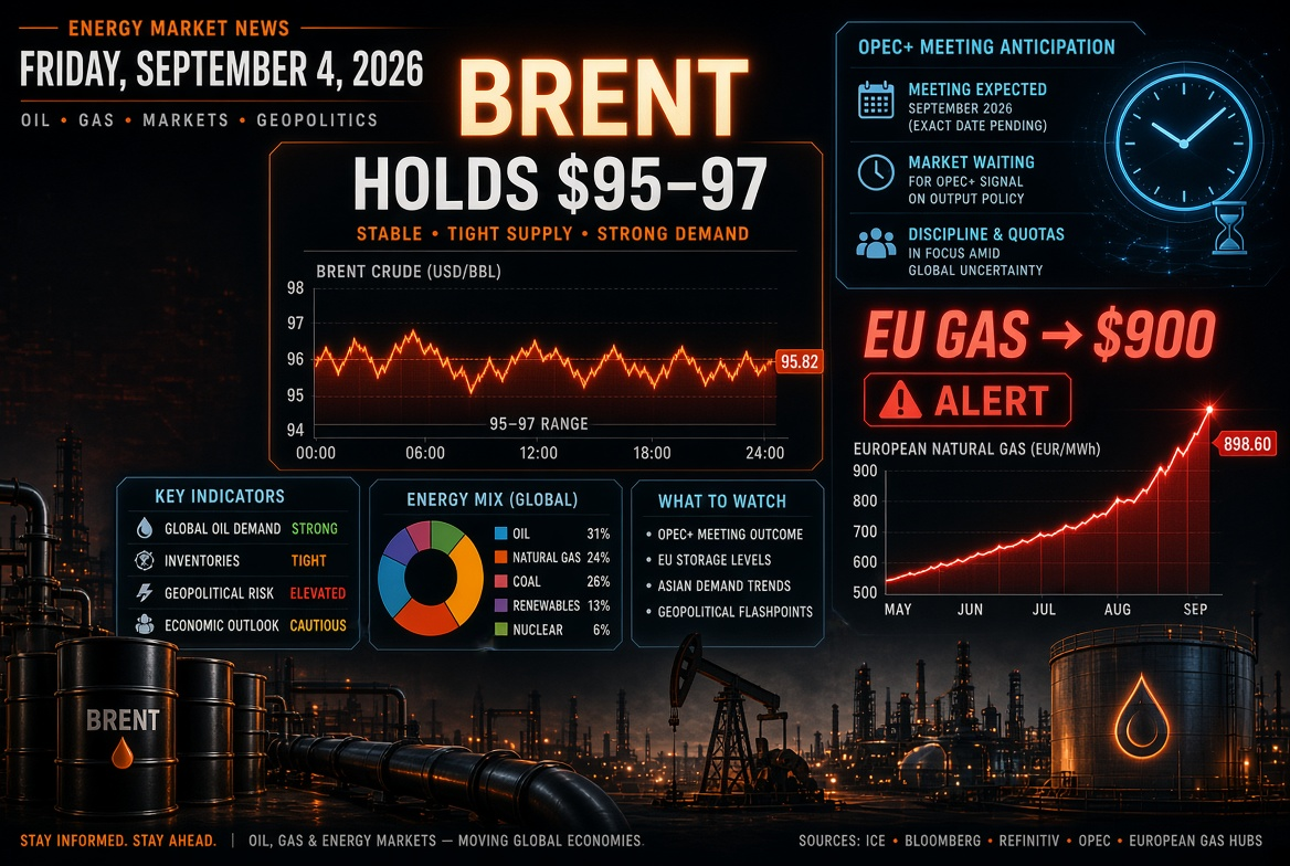 Nachrichten über Öl und Gas — Freitag, 4. September 2026: Brent hält sich bei 95–97 USD in Erwartung des OPEC+-Treffens, Gas in Europa stürmt auf 900 USD