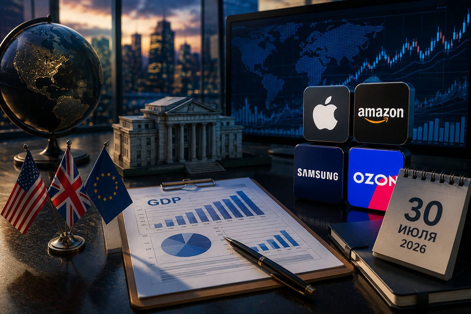 Wirtschaftliche Ereignisse und Unternehmensberichte: Donnerstag, 30. Juli 2026 — BIP der USA, Entscheidung der Bank von England, Berichte von Apple, Amazon, Samsung und Ozon.