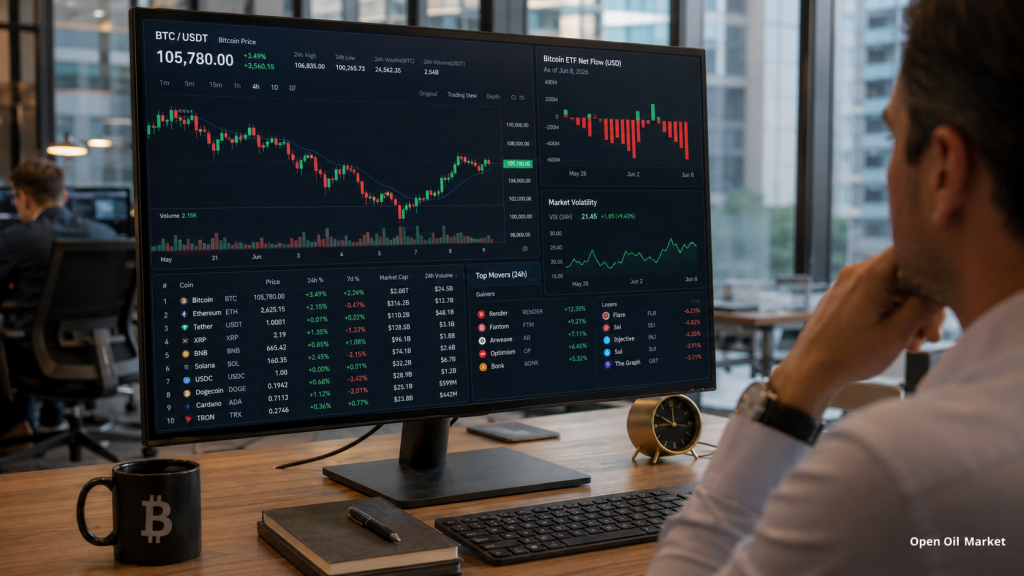 Krypto-Nachrichten, Dienstag, 9. Juni 2026: Bitcoin hält den Markt nach einem Rückgang, während die Anleger ETF-Abflüsse, Stablecoins und die Top-10-Digitalassets bewerten.