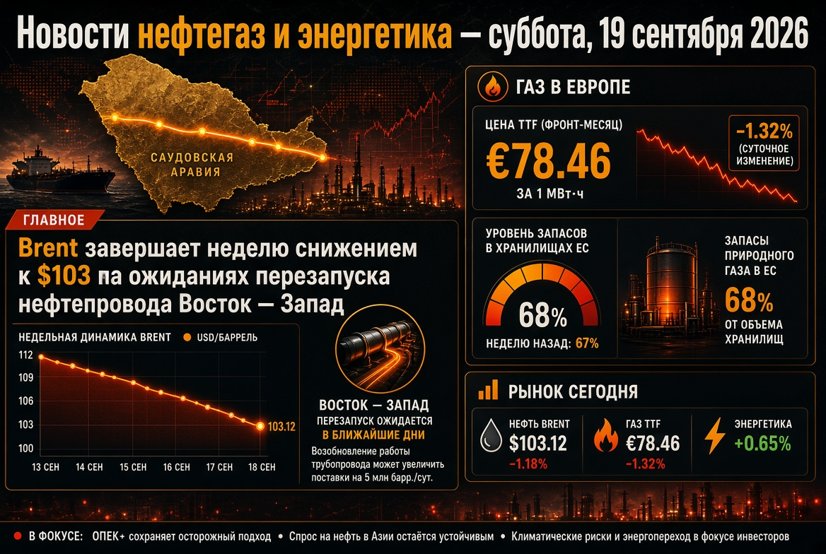 Nachrichten über Öl und Gas — Samstag, 19. September 2026: Brent beendet die Woche mit einem Rückgang auf $103 aufgrund der Erwartungen an den Restart der Pipeline Ost-West, Gas in Europa bei ca. €78 bei Lagerbeständen von 68%