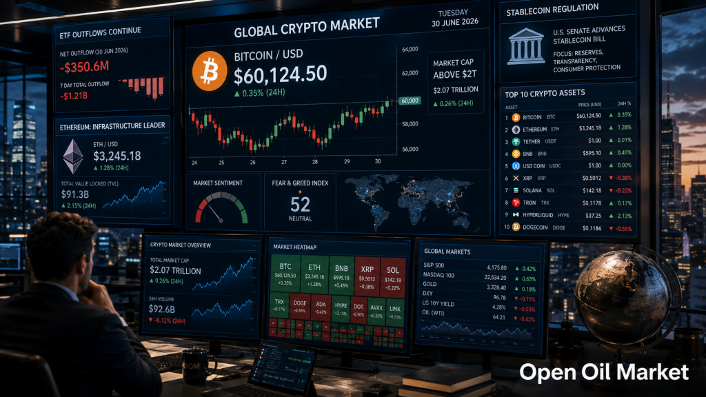 Kryptowährungsmarkt 30. Juni 2026: Ethereum, Solana, XRP, BNB, USDT, USDC und ETF-Abflüsse