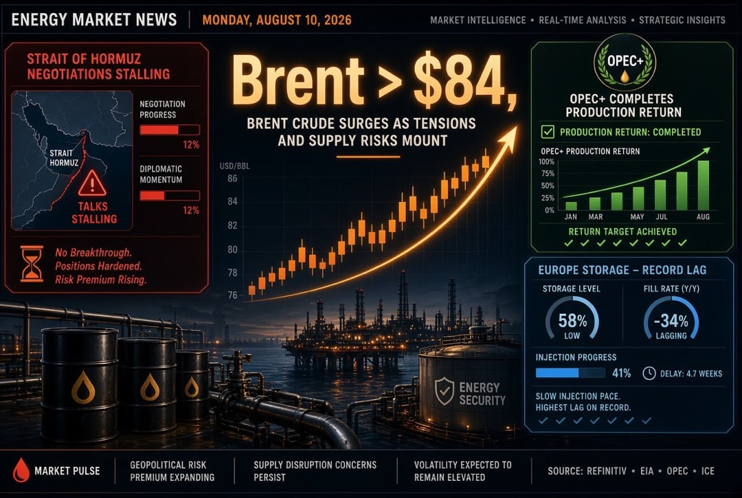 Nachrichten über Öl und Gas und Energie — Montag, 10. August 2026: Verhandlungen zur Straße von Hormuz stocken, Brent über 84 USD, OPEC+ hat die Rückkehr zur Produktion abgeschlossen, Europa füllt die Speicher mit rekordverdächtiger Verspätung