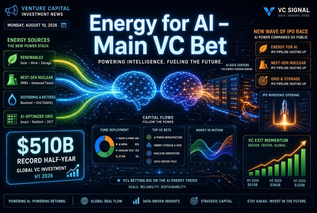 Nachrichten über Startups und Venture Capital — Montag, 10. August 2026: Energie für KI wird zur Hauptwette im Venture, Rekordinvestitionen von 510 Mrd. USD im ersten Halbjahr und eine neue Welle der IPO-Rennen.