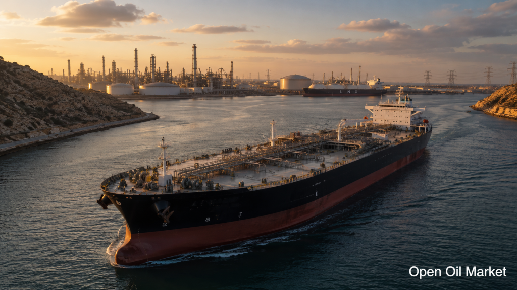 Weltmarkt für Öl und Energie am 2. Juli 2026: Tanker, Raffinerie, LNG-Terminal und Stromnetze.