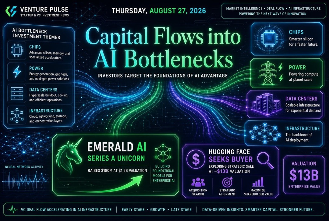 Nachrichten über Startups und Risikokapital — Donnerstag, 27. August 2026: Kapital fließt in „Engpässe“ der KI, Emerald AI wurde zum Einhorn in der Series A, und Hugging Face sucht einen Käufer für 13 Milliarden Dollar.