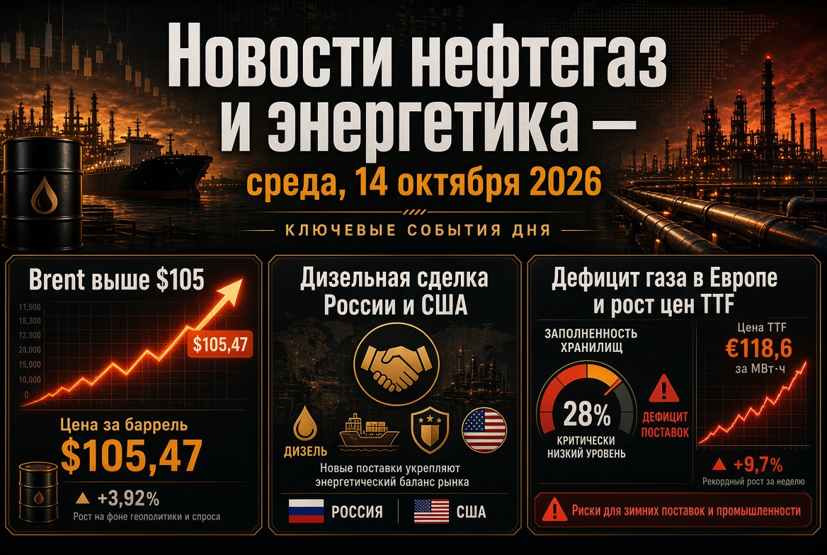 Neuigkeiten aus der Öl- und Gasindustrie — Mittwoch, 14. Oktober 2026: Brent über 105 $, Diesel-Deal Russland und USA, Gasmangel in Europa