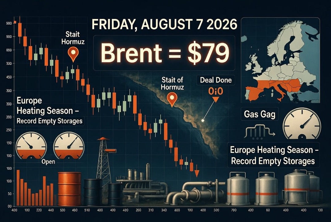 Nachrichten über Öl und Energie – Freitag, 07. August 2026: Deal über die Straße von Hormus ließ Ölpreise fallen, Brent bei 79 USD, Europa geht mit rekordniedrig gefüllten Speichern in die Heizsaison.