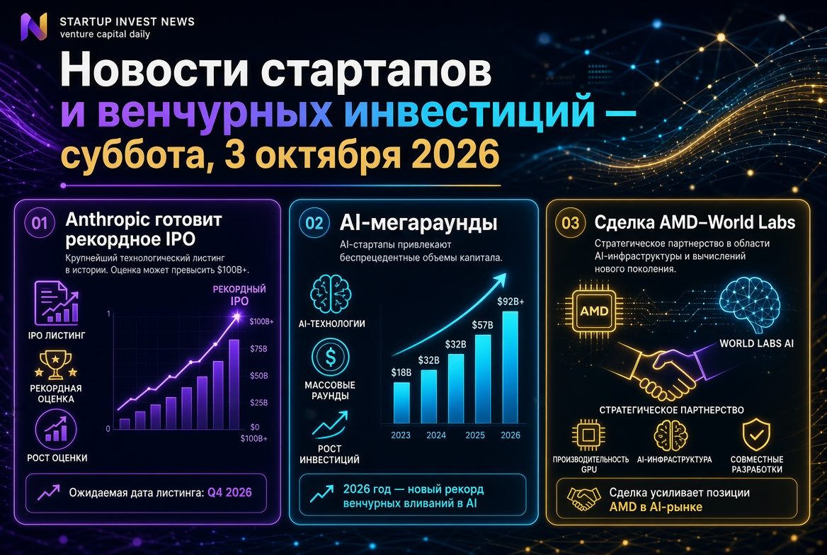 Nachrichten über Startups und Venture Capital — Samstag, 3. Oktober 2026: Anthropic bereitet Rekord-IPO vor, AI-Megarunden und die Vereinbarung zwischen AMD und World Labs
