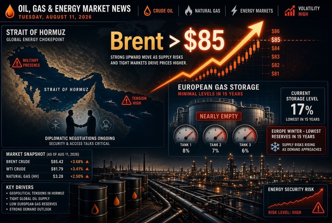 Nachrichten Öl- und Gaswirtschaft — Dienstag, 11. August 2026: Brent über $85 im Schatten des Handels um die Straße von Hormus, Europa geht mit den niedrigsten Gasreserven seit 15 Jahren in den Winter