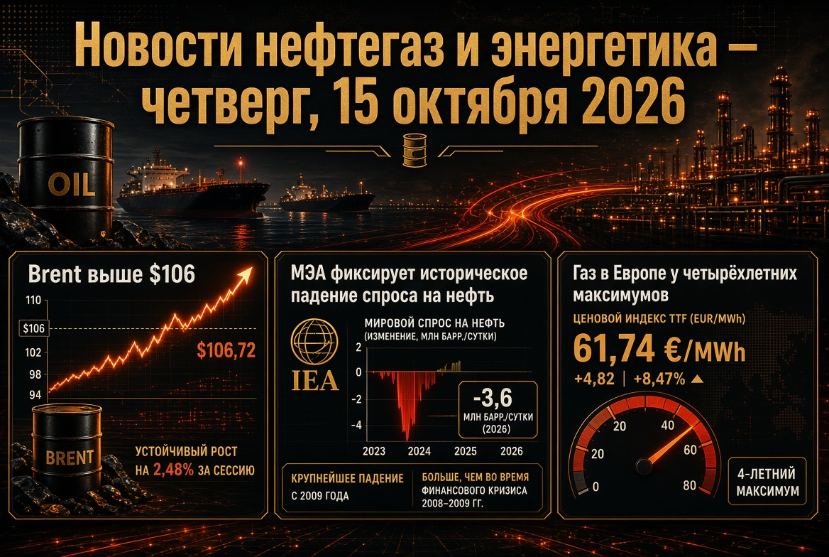 Nachrichten über Öl, Gas und Energie — Donnerstag, 15. Oktober 2026: Brent über 106 $, IEA verzeichnet einen historischen Rückgang der Ölnachfrage, Gas in Europa erreicht Vierjahreshöchststände