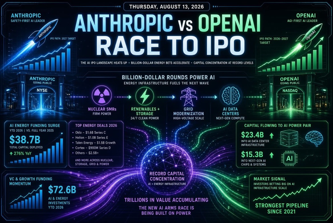 Nachrichten über Startups und Venture Capital — Donnerstag, 13. August 2026: Rennen von Anthropic und OpenAI zur Börse, milliardenschwere Runden in der Energie für KI und Rekord Kapital Konzentration.