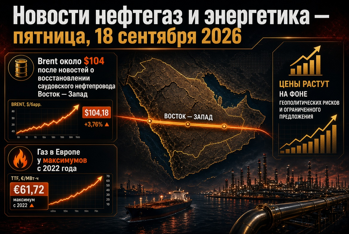 Öl- und Nachrichten zur Energie — Freitag, 18. September 2026: Brent bei 104 USD nach Nachrichten über die Wiederherstellung der saudischen Pipeline Ost-West, Gas in Europa bei Höchstständen seit 2022.