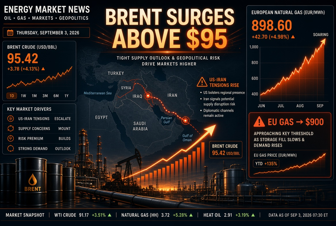 Nachrichten über Öl und Gas — Donnerstag, 3. September 2026: Eskalation zwischen den USA und dem Iran treibt Brent über 95 USD, Gas in Europa wird teurer auf 900 USD.
