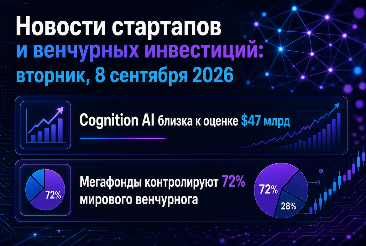 Nachrichten über Startups und Venture-Investitionen: Dienstag, 8. September 2026 — Cognition AI steht kurz vor einer Bewertung von 47 Milliarden USD, während Megafonds 72 % des weltweiten Venture-Markts kontrollieren
