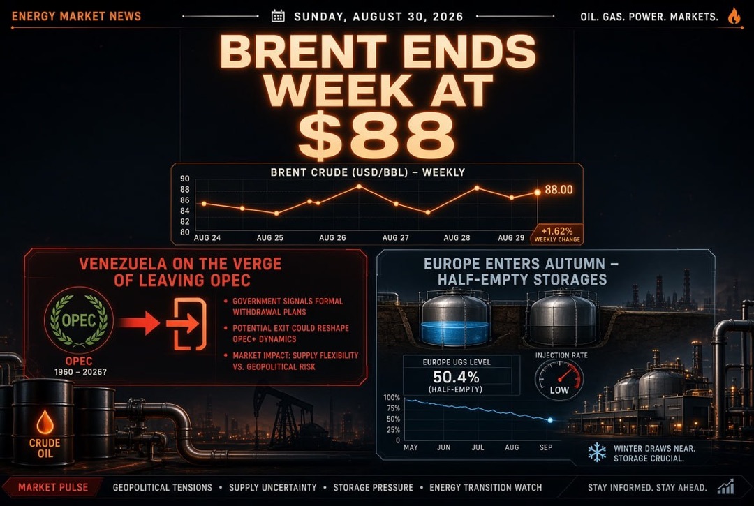 Nachrichten über Öl und Gas und Energie – Sonntag, 30. August 2026: Venezuela steht kurz vor dem Austritt aus der OPEC, Brent schließt die Woche bei 88 US-Dollar, Europa tritt in den Herbst mit halb leeren UGL ein