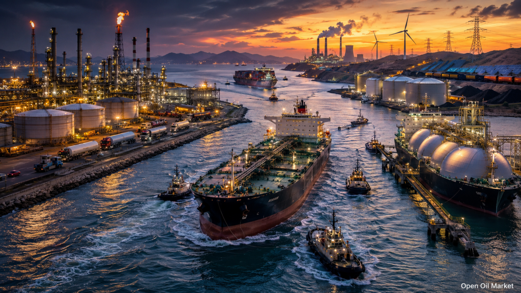 Weltmarkt für Energiewirtschaft 19. Juli 2026: Öltanker, LNG-Terminal, Raffinerie, Kraftwerke, erneuerbare Energien und Kohlelogistik.