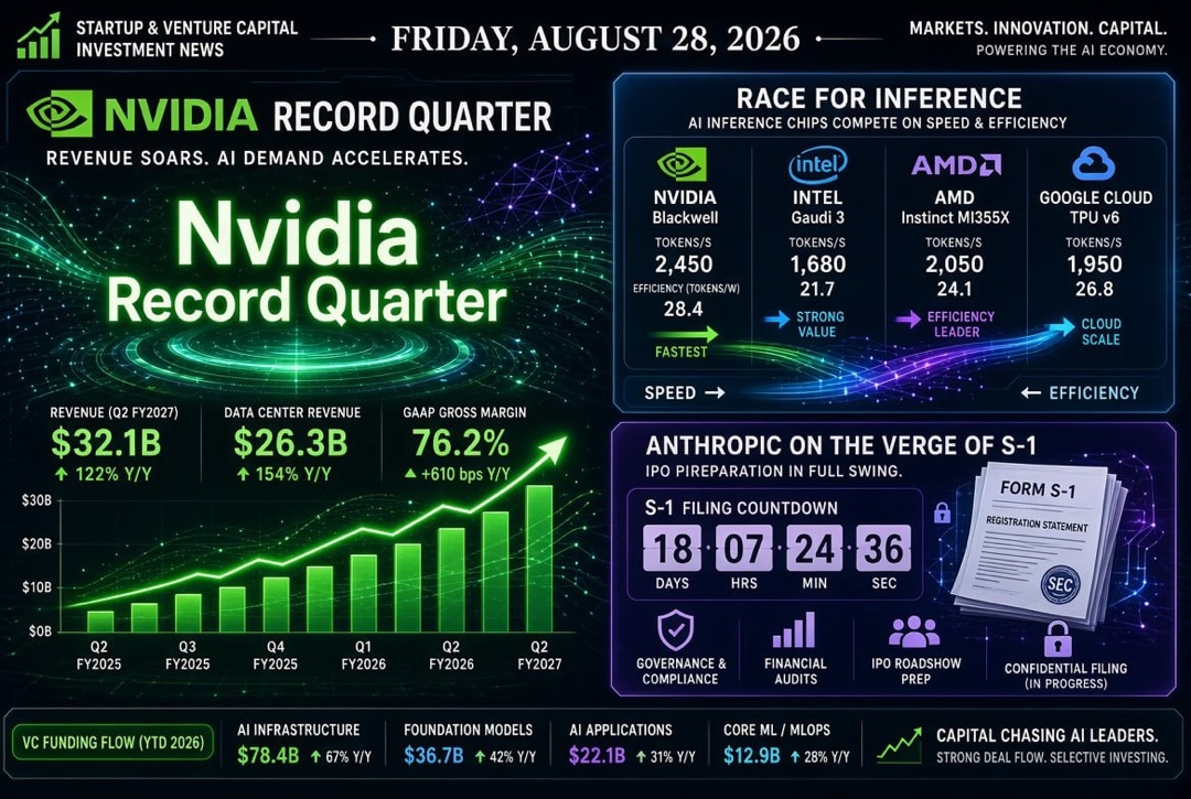 Nachrichten über Start-ups und Venture Capital — Freitag, 28. August 2026: Rekordquartal von Nvidia, Wettrennen um Inferenz und Anthropic am Rande des öffentlichen S-1