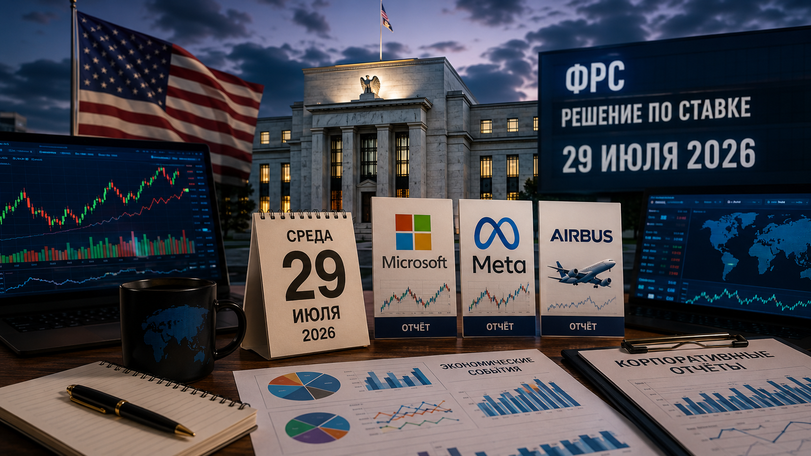 Wirtschaftliche Ereignisse und Unternehmensberichte: Mittwoch, 29. Juli 2026 – Entscheidung der Fed zu den Zinssätzen, Berichte von Microsoft, Meta und Airbus