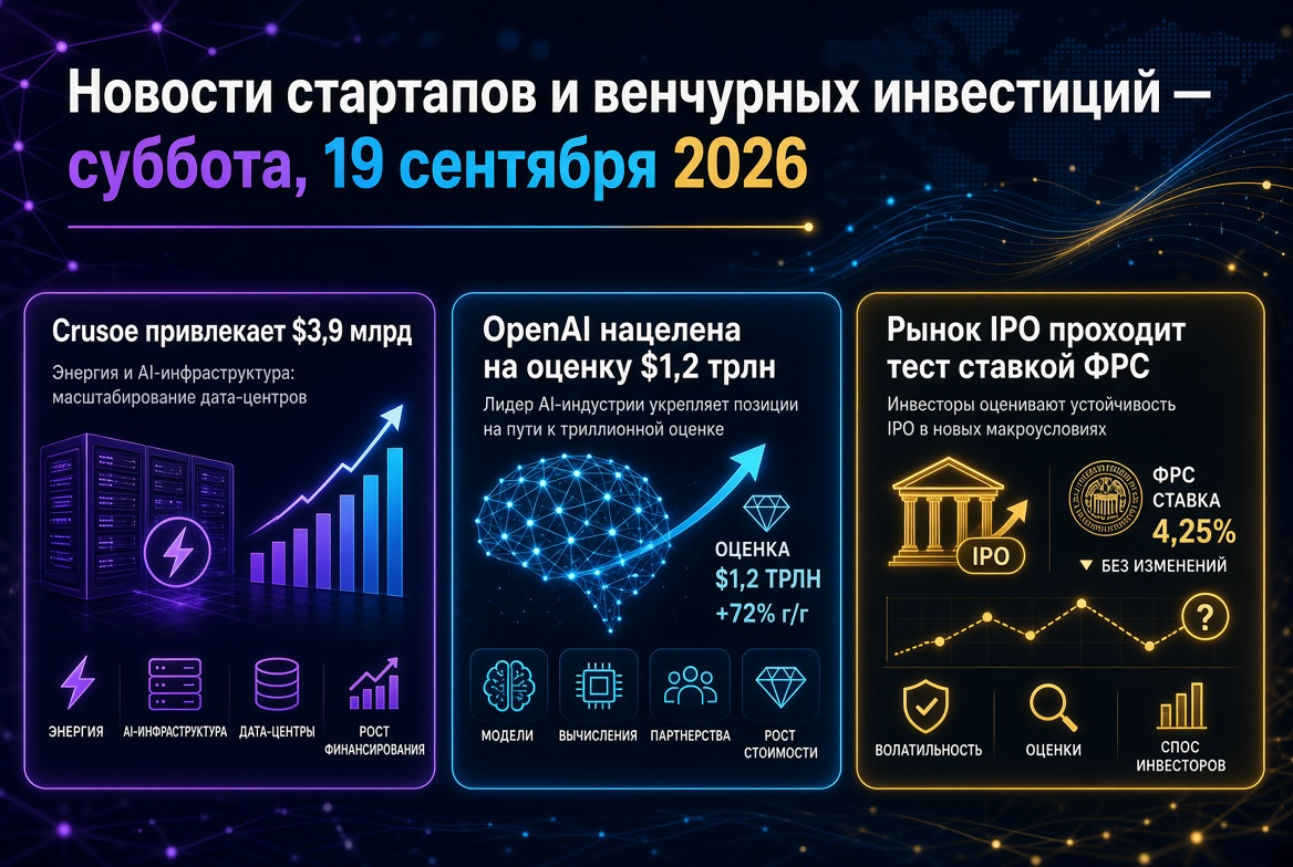 Nachrichten über Startups und Risikokapitalinvestitionen — Samstag, 19. September 2026: Crusoe erhält 3,9 Md. $, OpenAI zielt auf eine Bewertung von 1,2 Billionen $ ab, IPO-Markt wird auf die Probe gestellt durch den Zinssatz der Fed