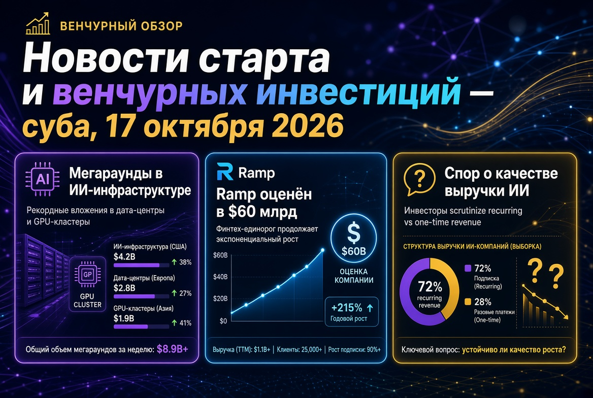 Nachrichten über Startups und Venture Capital-Investitionen — Samstag, 17. Oktober 2026: Megarunden in der KI-Infrastruktur, Ramp bewertet mit 60 Milliarden US-Dollar und Debatte über die Qualität der Einnahmen von KI