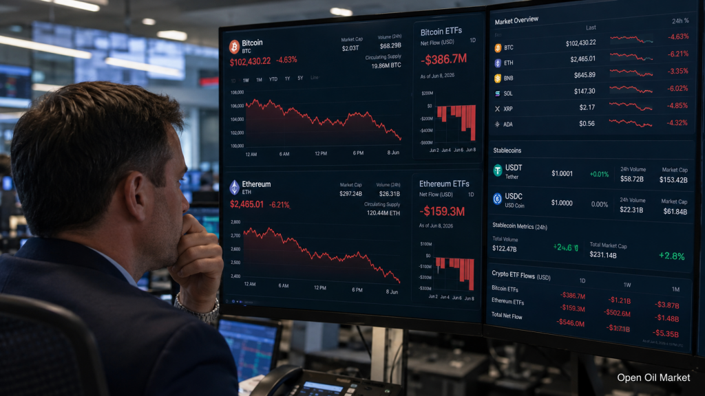 Kryptowährungsmarkt 8. Juni 2026: Bitcoin unter Druck, Ethereum gibt nach, Stablecoins stärken Positionen