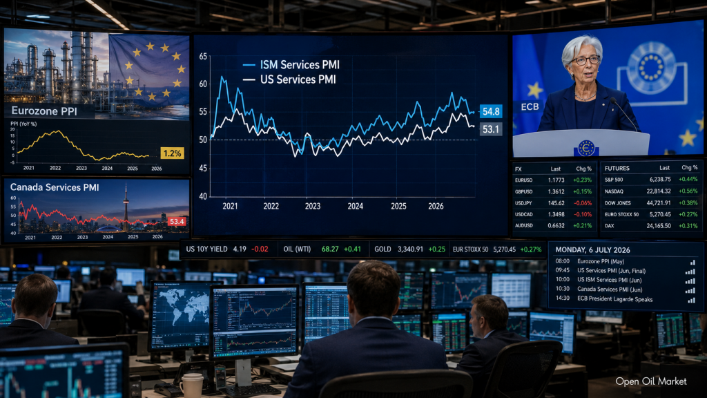 Wirtschaftlicher Kalender für den 6. Juli 2026: ISM Services PMI USA, PPI der Eurozone, PMI Kanada, Rede von EZB-Präsidentin Christine Lagarde und Reaktion der Investoren