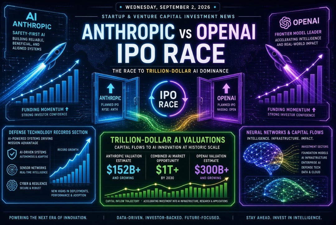 Nachrichten zu Startups und Venture-Capital-Investitionen — Mittwoch, 2. September 2026: Das IPO-Rennen zwischen Anthropic und OpenAI, Billionen-Bewertungen im KI-Sektor und Rekorde in der Verteidigungstechnologie