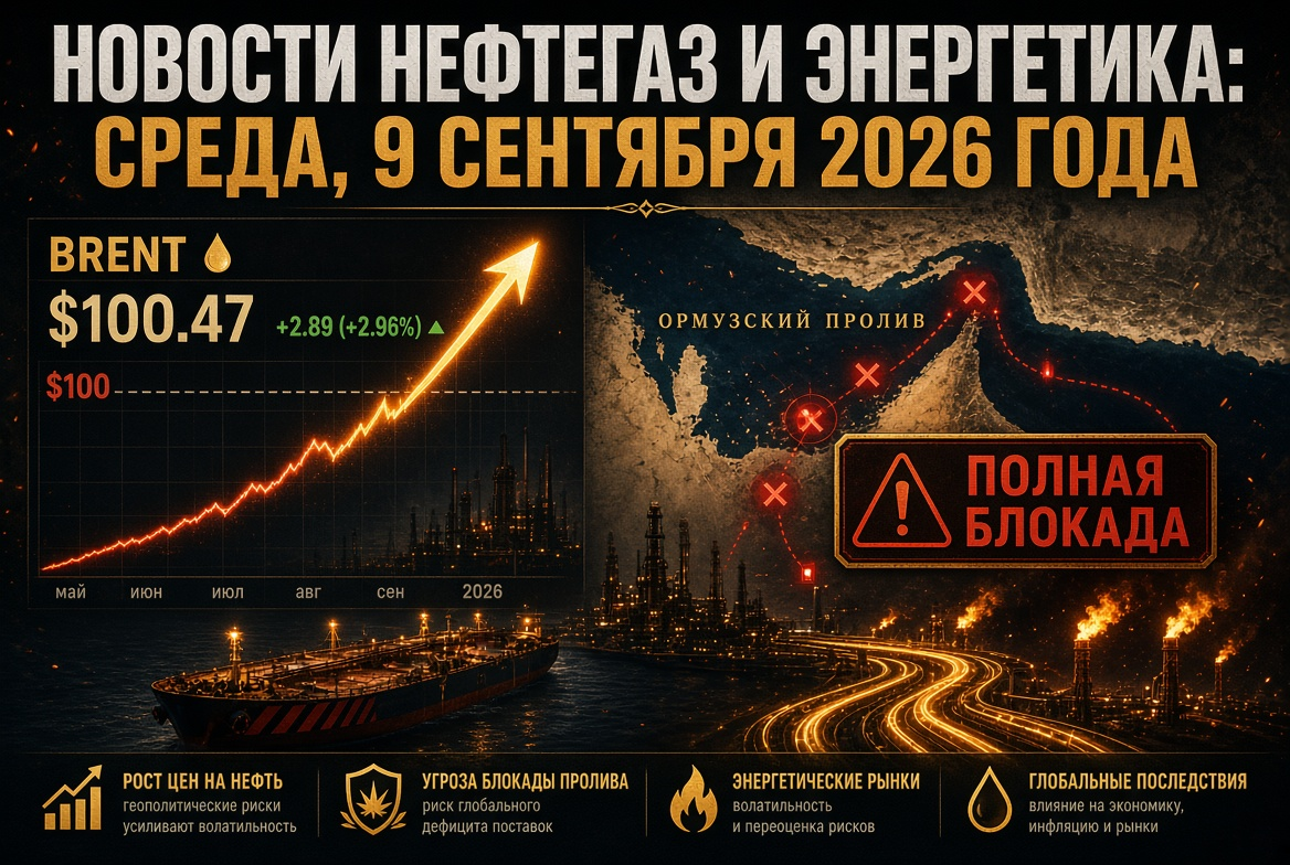Nachrichten Öl und Gas und Energie: Mittwoch, 9. September 2026 — Brent stürmt auf $100 aufgrund der Bedrohung einer vollständigen Blockade der Straße von Hormuz