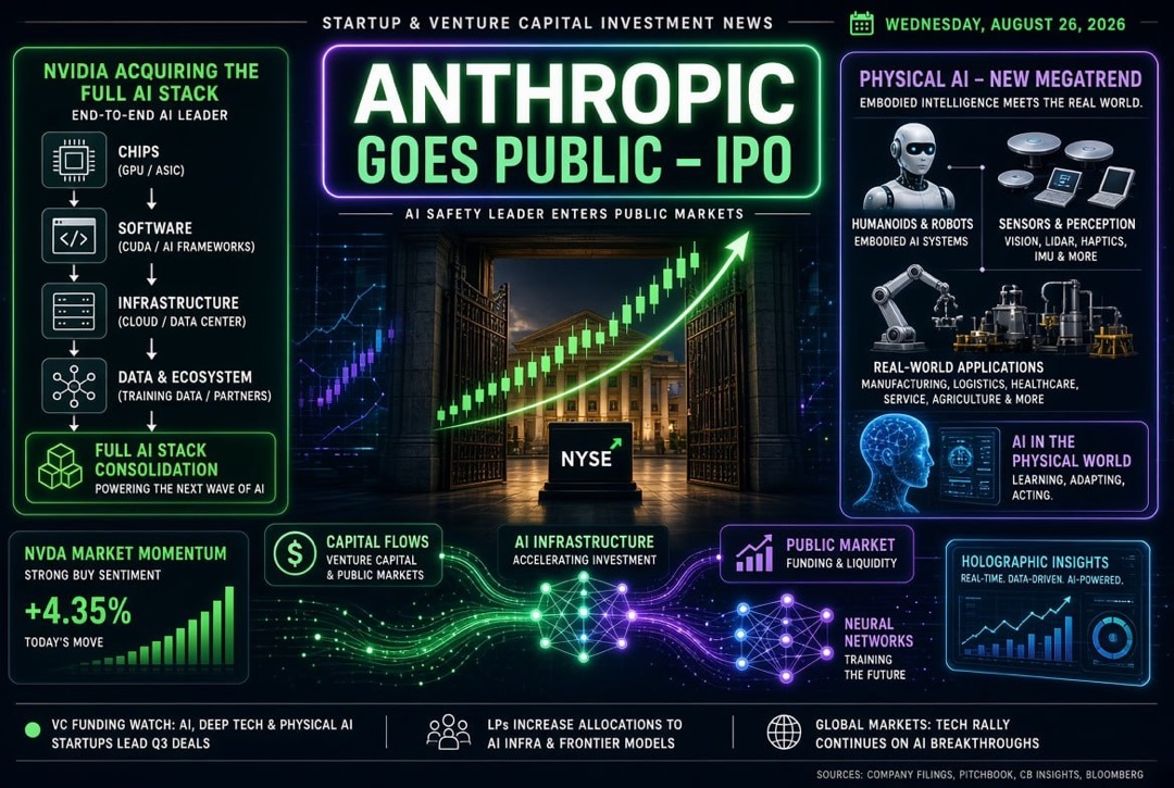 Neuigkeiten über Startups und Venture-Kapital — Mittwoch, 26. August 2026: Anthropic führt ein IPO durch, Nvidia kauft den gesamten AI-Stack, und die physische KI wird zum neuen Megatrend.