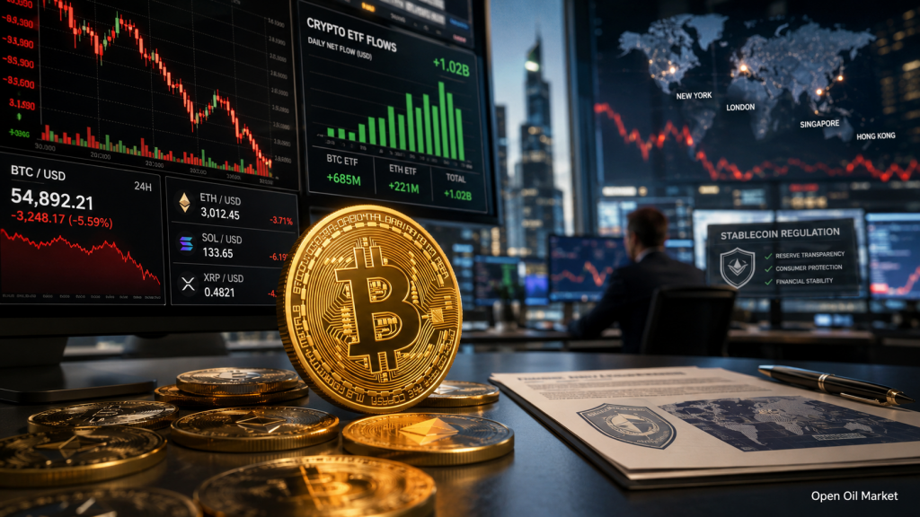 Kryptowährungsmarkt am 9. Juli 2026: Bitcoin unter Druck, Zuflüsse in ETF, Ethereum, Solana, XRP und Regulierung der Stablecoins