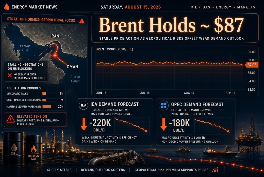 Nachrichten aus dem Energiesektor — Samstag, 15. August 2026: Brent hält bei $87 angesichts stagnierender Verhandlungen über die Wiederöffnung des Hormuzpasses; IEA und OPEC senken die Nachfrageprognosen.