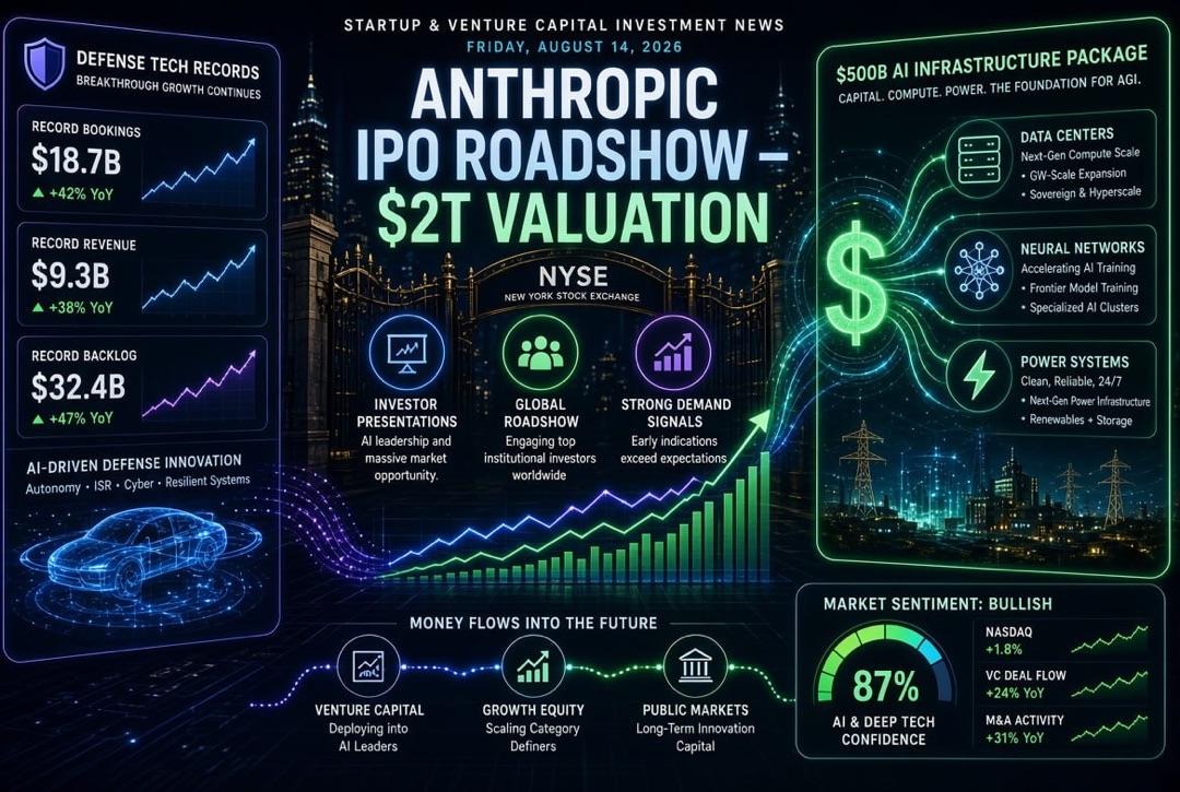 Nachrichten über Startups und Wagniskapitalinvestitionen – Freitag, 14. August 2026: Roadshow zum IPO Anthropic über 2 Billionen Dollar, Paket über 500 Milliarden Dollar für AI-Infrastruktur und Rekorde in Verteidigungstechnologien