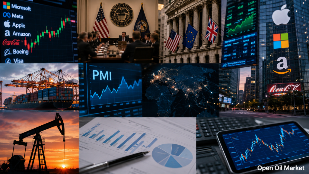 Investor-Kalender 27–31 Juli 2026 — Fed-Zins, BIP der USA und Eurozone, PCE-Inflation, Bank von England, PMI China, OPEC+ und Unternehmensberichte im S&P 500, Euro Stoxx 50, Nikkei 225, MOEX