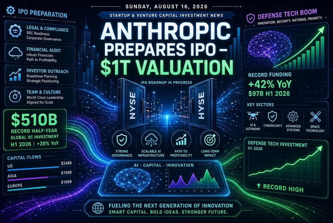 Nachrichten über Startups und Risikokapital – Sonntag, 16. August 2026: Anthropic bereitet IPO über 1 Billion US-Dollar vor, Rekord von 510 Milliarden US-Dollar im Halbjahr und Boom bei Vertechnologien