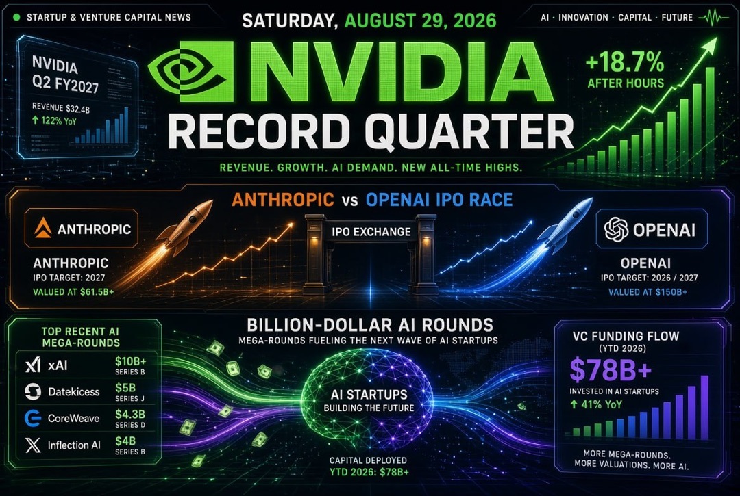 Nachrichten über Startups und Investitionen — Samstag, 29. August 2026: Rekordquartal von Nvidia, IPO-Wettlauf von Anthropic und OpenAI und milliardenschwere KI-Runden