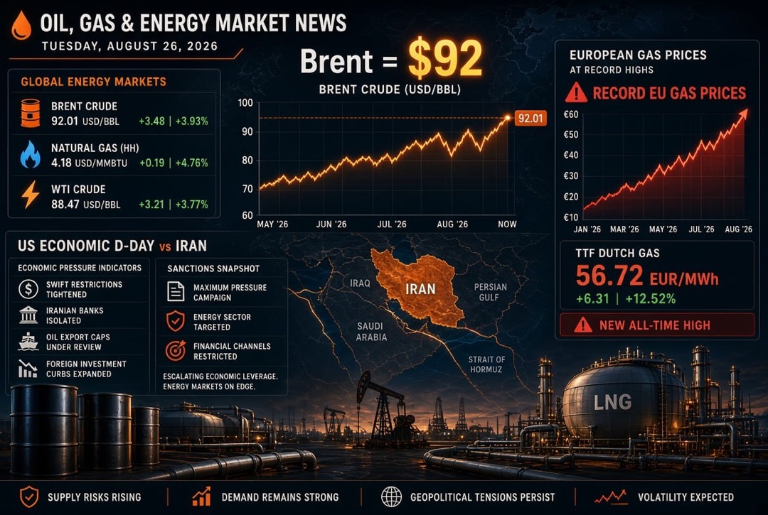 Nachrichten über Öl, Gas und Energie — Dienstag, 26. August 2026: „wirtschaftlicher D-Day“ der USA gegen den Iran, Brent bei 92 $ und rekordverdächtige Gaspreise in Europa