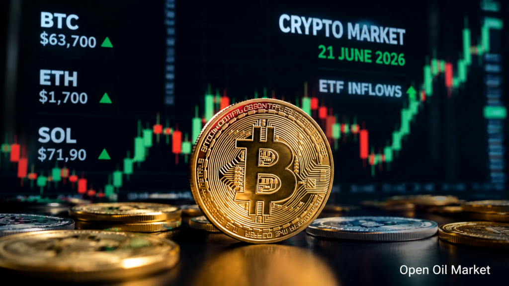 Nachrichten über Kryptowährungen, Sonntag, 21. Juni 2026: Bitcoin hält 63.000–64.000 USD, ETF-Ströme und Regulierung von Stablecoins setzen den Marktton